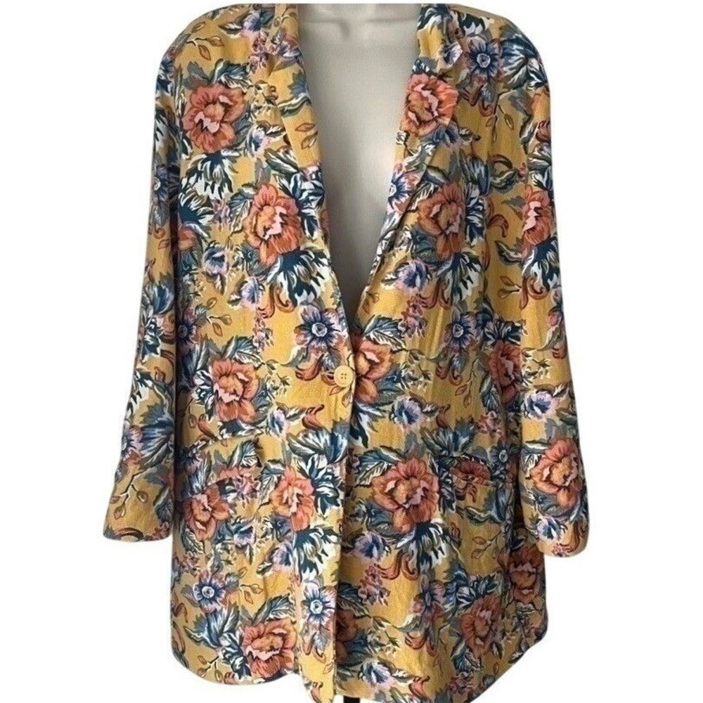 BP Linen Blend‎ Floral Blazer Womens XL Yellow One Button Spring Jacket